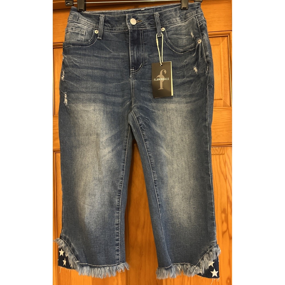Flamingals Women's Denim Capri Jeans USA Flag Stars On Pockets Raw Hem Sz Small